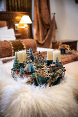 Christmas table composition. Beautiful decoration. Christmas trees, candles, stars, lights and elegant accessories. Merry Christmas and Happy Holidays, Template.