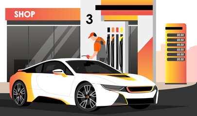 Gas station worker in grey uniform refuel white sedan car tank. Auto trunk decorated with yellow, orange gradient elements. Roadside shop, city shadow on background. Vector illustration