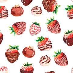 Chocolate-covered strawberries Seamless pattern. Watercolor illustration. Sweets.Love. Romantic illustration.Background. Design for textile, fabric, wrapping papper, cards, shops, bakery, stationery
