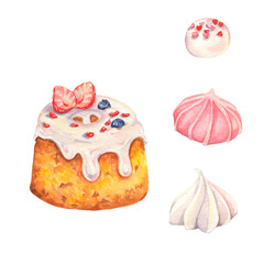Watercolor illustartion. Food illustartion. Pastry and confectionery. Watercolor illustration of cake and sweets. Love and sweet. Design for logo, bakery, etc. Isolated white background. Cookie, candy