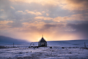 Sunrise in winter behind the shrine, Georgia