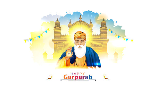 Happy Gurpurab. Indian sikh god Guru Nanak Dev Jayanti Prakash Parv festival celebration background 