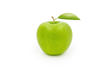 Green apple with leaves isolated on white background