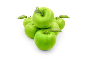Green apple with leaves isolated on white background