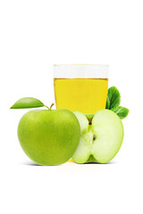 Front close view of fresh natural delicious green apple  juice in a glass  isolated on white background