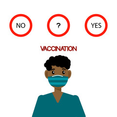 Vaccination vector concept. Black woman making a choice. Flat character with mask desides to vaccinate. Covid vaccine and syringe with cure