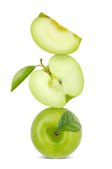 Whole and sliced fresh ripe green apple fruits placed on a white surface