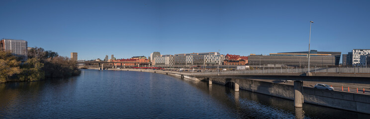 The channel Klara sjö with train station, the busy road Klara Strandsleden, apartments and office...