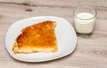 traditional balkan pastry good Burek witch cheese and Yogurt served on table