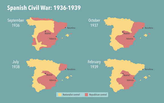 Map of the Spanish civil war and occupied territories between 1936 and 1939