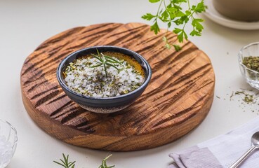 Fragrant seasoning, green salt with dried herbs in a ceramic bowl on a wooden board on a light background.