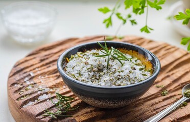 Fragrant seasoning, green salt with dried herbs in a ceramic bowl on a wooden board on a light background.