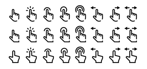 Touch screen, finger point, hand pointer or computer mouse click icon and logo vector illustration for graphic design business. Smartphone display, mobile app technology swipe flat sign & symbol      