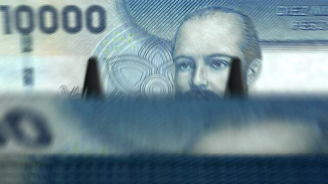 Chile Pesos money counting machine with banknotes. Quick CLP currency note down rotation. Business and economy concept loopable and seamless background.