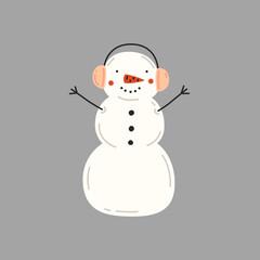 Snowman in pink cold-weather earmuffs. Vector illustration