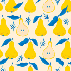 juicy pears with blue leaves endless hand drawing pattern. tropical illustration with fruits.