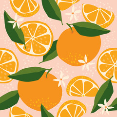 tropical background with oranges. round oranges, hand-drawn flower and leaf slices. citrus pattern for printing on fabric, posters and covers.