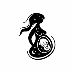 Mystical illustration with pregnant woman. Moon celestial goddess. Magical pregnancy. 