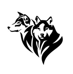 pair of gray wolves front view and profile portrait - wild animal heads black and white vector outline