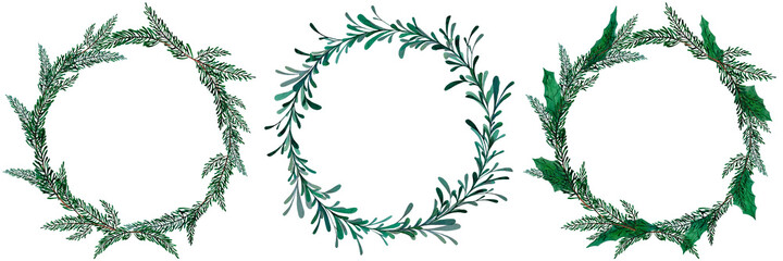 Set of three simple watercolor Christmas wreath with fir and mistletoe branches, and stylized leaves. Winter frames for Christmas decoration invitation cards, postcards and posters, banners.