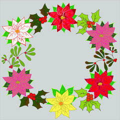 christmas wreath of mistletoe, holly and poinsettia