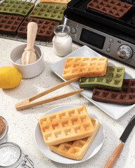 Breakfast waffles with classic, matcha, and chocolate flavors, 