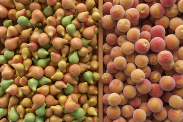 Fresh Pear and peach on top view, Minimal fruit idea concept, Trendy 3d render for social media banners, promotion, product show.