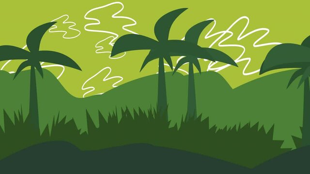 Green landscape palms and mountains, motion abstract cartoon and kids style background