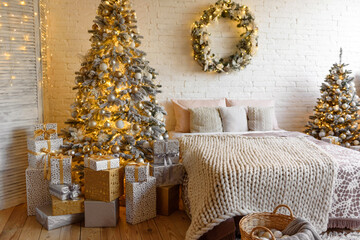 Christmas and New Year decorated interior room with presents and New year tree