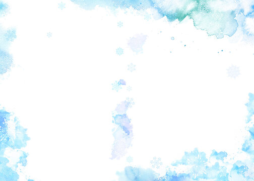 Winter background with watercolor stains and snowflakes. Blue on white. Template, A3.