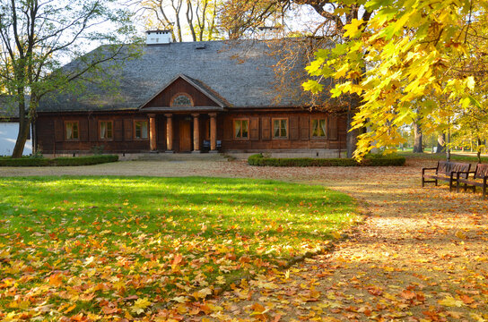 In the palace garden of Radziejowice there is a noble manor, known in Polish as a dw&oacute;r or dworek. Autumn in Radziejowice Poland.