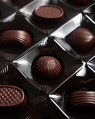 Dark bitter chocolate candies in a box.