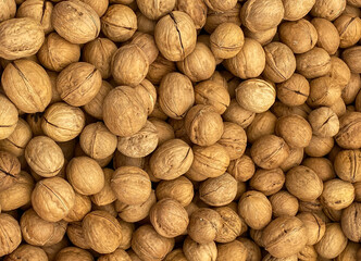 A close-up walnut counter in a farmer`s market
