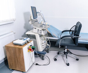 Clinic empty health treatment interior. Medicine moern hospital sterile workplace.