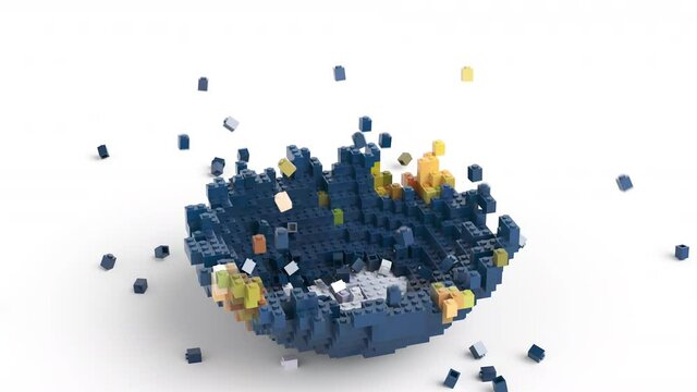 Earth planet assembling from toy bricks then exploding and scattering to huge pile of toy bricks and disappearing in the end. Earth Day or environment pollution concept. 3d rendering