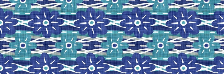 Aegean teal floral border strip linen texture background. Summer coastal living style home decor fabric effect. Sea green washy flower edge material. Decorative textile seamless pattern banner trim. 