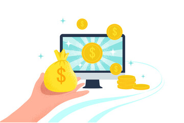 Win money online. Monitor with dollars and a bag of money in the hand. The winner won on the Internet. Vector stock flat style illustration isolated on blue background. Online rewards on the site.
