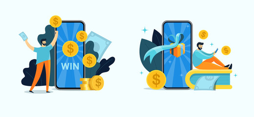 Fototapeta premium Online Reward concept with big phone, monitor, wallet and person. Online money winnings in the application or on the site. Vector stock flat style illustration set isolated on a white background.