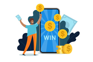 Online Reward on your phone. Happy African man rejoices in winning an online win. Big smartphone with money and dollars. Vector stock flat illustration isolated on white background. Win the money.