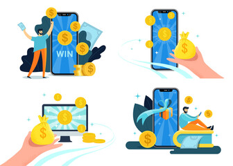 Online Reward concept with big phone, monitor, wallet and person. Online money winnings in the application or on the site. Vector stock flat style illustration set isolated on a white background.