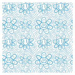 Seamless pattern of graffiti flowers and smiles, waves. Image for a poster or cover.