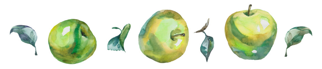 Watercolor green apples decorated with leaves isolated on white background top view. Set or collection.