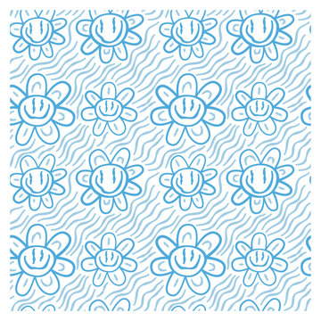 Seamless pattern of graffiti flowers and smiles, waves. Image for a poster or cover.