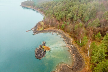 Karelia, Onega Lake, Petrozavodsk Bay. Aerial photography showing the forest and the coast, near...