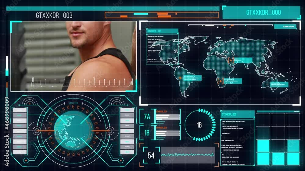 Poster animation of data processing on screens over caucasian man exercising
