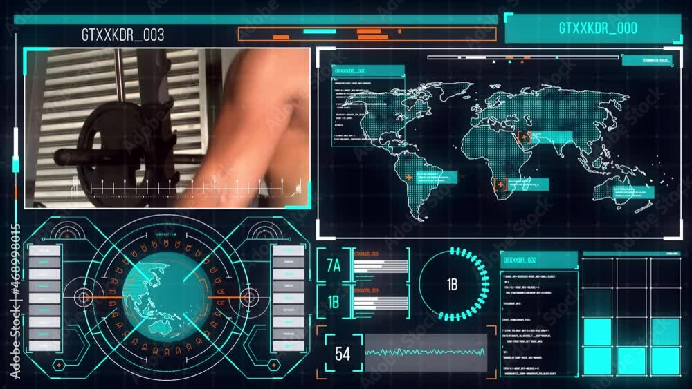 Poster animation of data processing on screens over caucasian man skipping