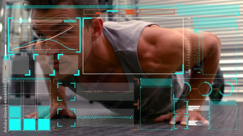 Poster animation of data processing on screens over caucasian man exercising
