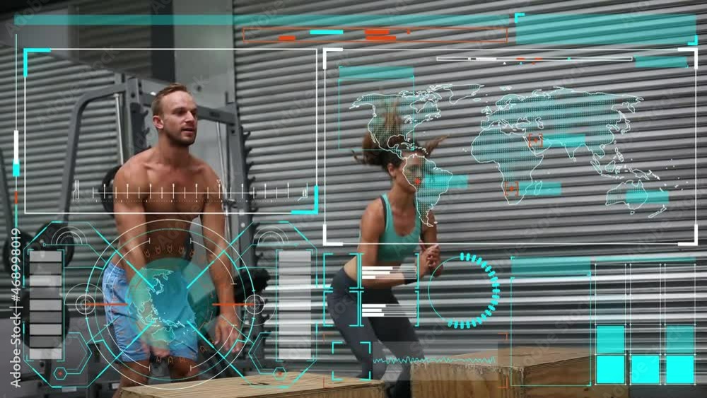 Poster animation of data and statistics processing over man and woman exercising in gym,