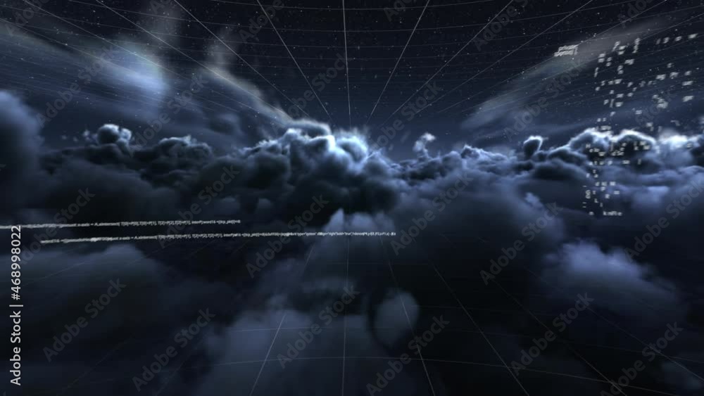 Poster animation of data processing and network of connections over clouds