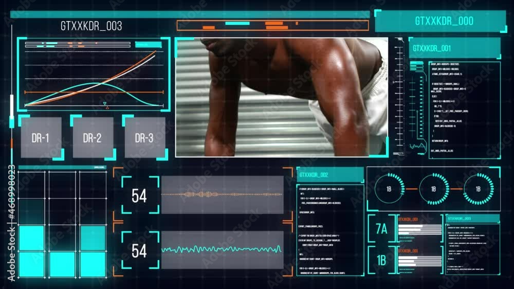 Aufkleber animation of data processing processing on screens over african american man exercising